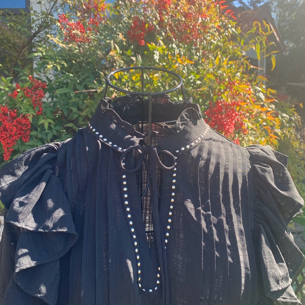 Free Generation ruffle front pirate black chiffon style sheer blouse top - Picture 6 of 15